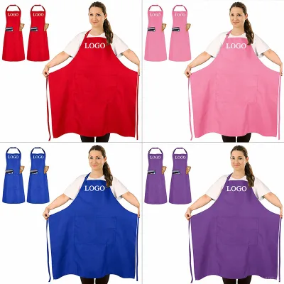 Low MOQ Long Tie Straps 2 Pockets Cafe Multi-colors Red Pink Blue Purple Bib Apron Polyester Reusable Custom Logo