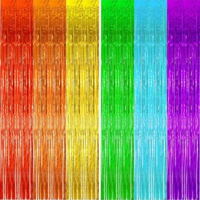 2 Pack Rainbow Metallic Tinsel Foil Fringe Curtain Backdrop 3.3ft X 6.6ft Halloween Party Decorations