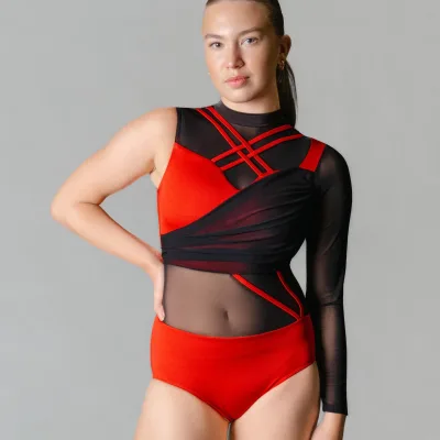 Custom Women Dance Leotard Asymmetrical One Sleeve Mesh Bodysuit Competition Performance Costume Majorette Team Uniform