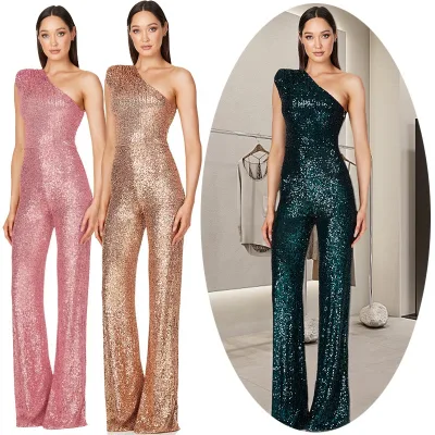 Womens Rhinestone Jumpsuits One Shoulder Sequin Romper Glitter Overalls Shiny Tracksuit Sparkly Trousers Wide Leg Pants