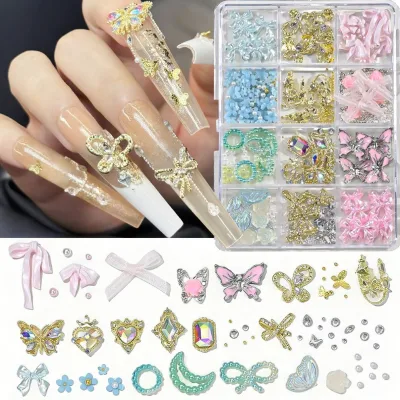 12 Grid Sweet Girl Style Nail Ornaments pink Ribbon Bow Diamond Five Petal Flower Nail Beauty Decoration Materials Wholesale