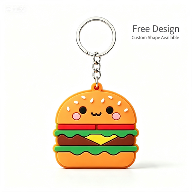Custom 3D Soft PVC Keychain Kawaii Cute Hamburger Food Cartoon Charm Key Ring Bag Pendant Free Design Gift Wholesale