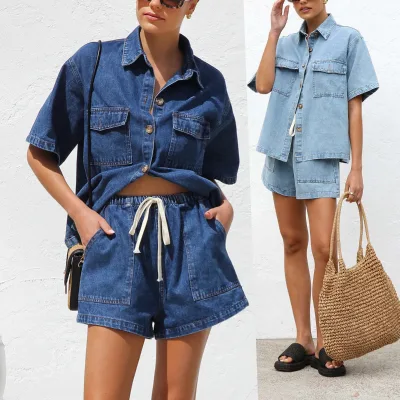 Trendy Women Set 2 Piece Casual Short Sleeve Boxy Shirt Tops and Shorts Lounge Sets Outfits Summer Denim Set for Women