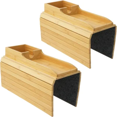 Natural Bamboo Sofa Armrest Tray With Storage Box Anti-Slip Couch Armrest Caddy Holder for Small Item Living Room Sofa Organizer