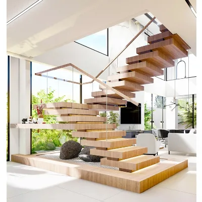 Deluxe Marble Staircase Building Straight Steel Interior Floating Open Waterfall Metal Cantilever European Oak Main Stair
