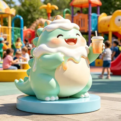 Sweet Cream Topped Cartoon Dinosaur Fiberglass Sculpture Holding Drink Cup for Kids Playground Theme Park Landscape Ornament