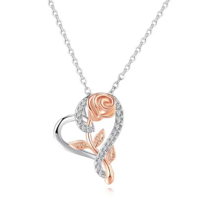 Luxury Girlfriend Gift  Jewelry 925 Sterling Silver Irregularly Love Heart Rose Flower Pendant Necklace