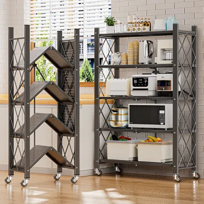 Modern Metal 4-Shelf Foldable Floor Rack for Kitchen Storage Shelf