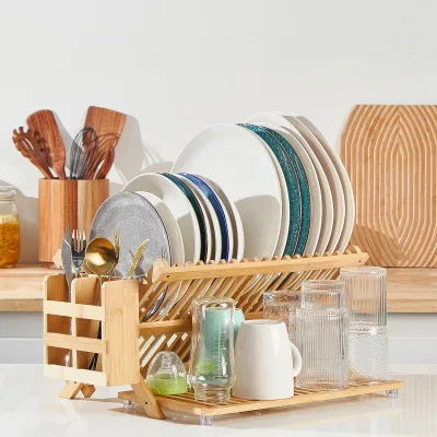3-Tier Folding Drying Holder Bamboo Dish Drying Rack with Utensil Holder Collapsible Wooden Dish Drainer Rack