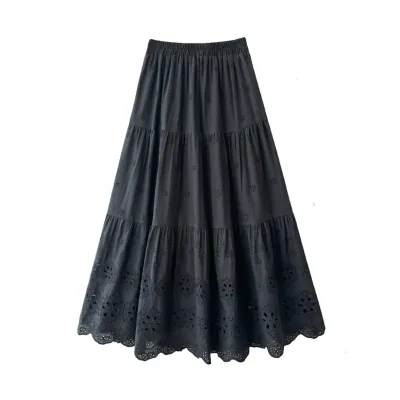Versatile Thin Casual Skirt 2026 Spring Summer New Solid Color Patchwork Hollow Out Heavy Embroidery A-Line Skirt