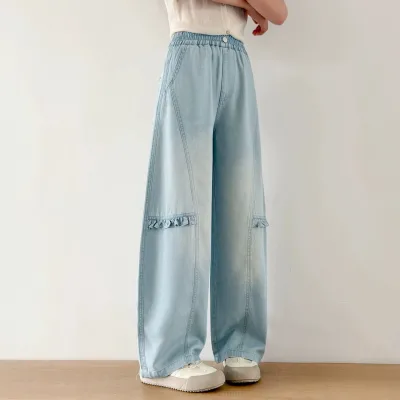 Girls for Denim Pants Korean Style High Waist Garment Dyed Thin Elastic Waist Straight-Leg Summer Outerwear 2026 New