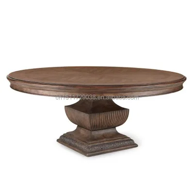 French Traditional Round Pedestal Dining Table Solid Wood Carved Base Luxury Rustic Dining Room Table Furniture for Villa Hotel