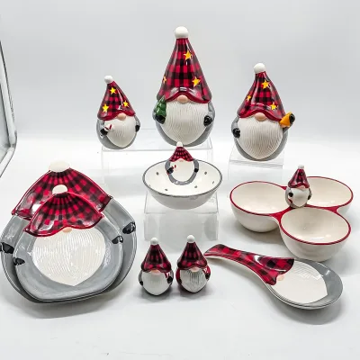 2023 Ceramic Christmas Gnome Dinnerware Set Bowl Plates Spoon Rest Salt Pepper Shaker Candy Holder Tealight Holder Green Red