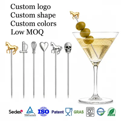 Beverage Decoration OEM Design Olive Garnish Pick Food Safe Stainless Steel Drinks Martini Swizzle Stick Custom Cocktail Picks