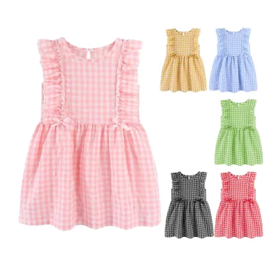 100% Cotton Sleeveless Dresses for Girls Custom OEM ODM Age Group 2T-7T Casual Style Solid Pattern Design Ruffle New Model