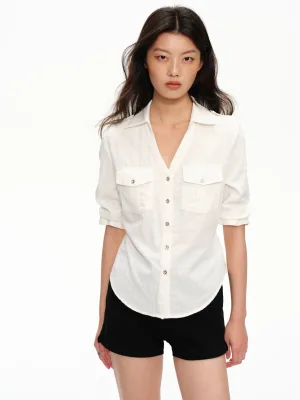 Women Style Short Sleeve Shirt V Neck Button Up Blouse With Chest Pockets Back Tie Slim Fit Curved Hem Casual Ladies Summer Top