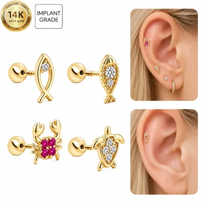 14K Solid Gold Ocean Animal Piercing Earring Implant Grade Gold CZ Fish Crab Turtle Cartilage Stud Jewelry for Helix Lobe