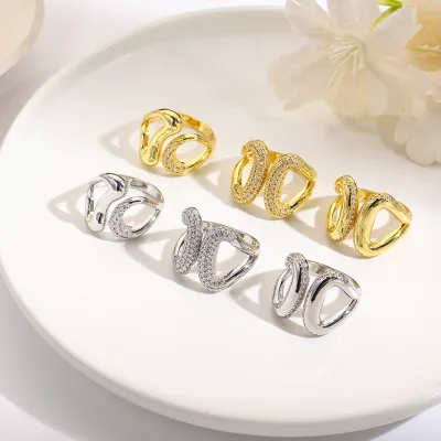 Micro Paved Zircon Ring Simple Design 18K Gold Plated Adjustable Silver Color CZ Inlay Geometric Shape Engagement Gift Jewelry