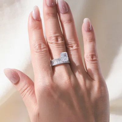 S925 silver stacking rectangular zircon engagement wedding ring for bride