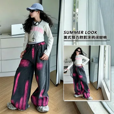 Girls' Spring Autumn 2026 New American Graffiti Wide Leg Mid-Waist Rubber Belt Cotton Denim Wrinkle-Free Casual Pants for Large