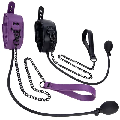 BDSM Inflatable Collar and Chain Slave Bondage Belt With Chains Protective BDSM Restraint Neck Collar With Metal Chain Leash
