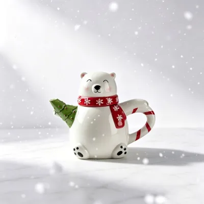 Wholesale 3D Polar Bear Ceramic Teapot Snowflake Scarf Christmas Tree Spout Candy Cane Handle Porcelain Tea Kettle Winter