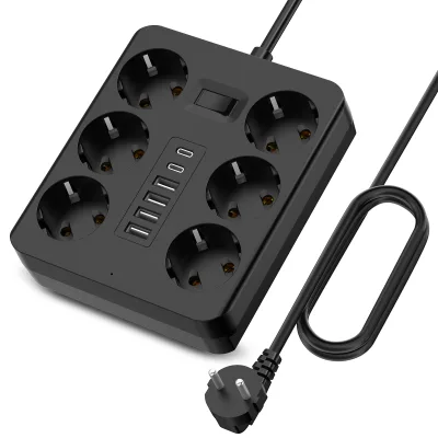EU Travel Standard 4-USB 2 Type-C 6-Socket 2500W Power Strip Overload Protection 1.8m Line for Laptop Camera Use CE Certified