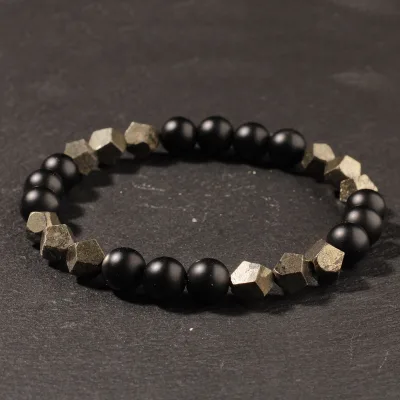 Healing Black Onyx Pyrite Beaded Bracelet Faceted Natural Stone Energy Jewelry for Men