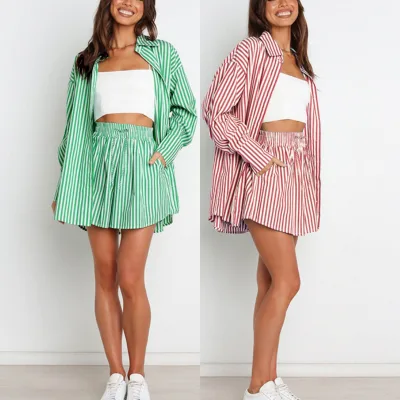 Latest Design Commuter Casual Pants Set Fashion Women Striped Shirt Set Long Sleeve Split Casual Two Piece Set