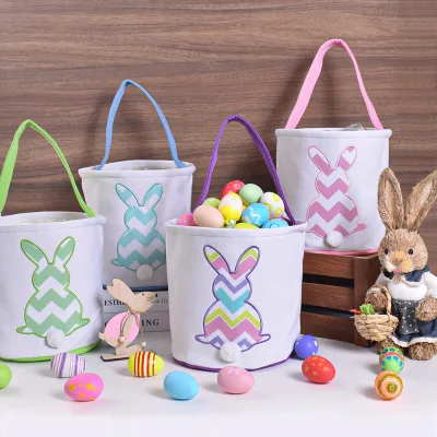 New Easter Basket Egg Decorations Plush Bunny Tail Rabbit Storage Basket Handheld Bucket