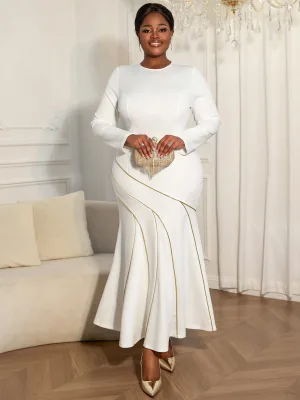 ADR051078 Round Neck Long Sleeve Patchwork Line Mermaid Plus Size Church Dresses Women