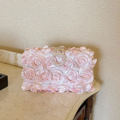 Women Floral Clutch Purses Diamond Ring Buckle Party Prom Bag Luxury Pink Rose Flower Bags Ladies Clutches Women's Wedding Sac