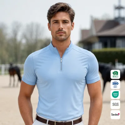 Men's Sky Blue Equestrian Training Polo Shirt Stand Collar Half-Zip Mesh Side Panel Short Sleeve OEM Custom Wholesale