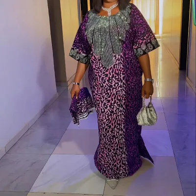 Women's Summer Fashion Casual African Clothing Hot Diamond-Embroidered Robe Dress with Scarf Plus Size