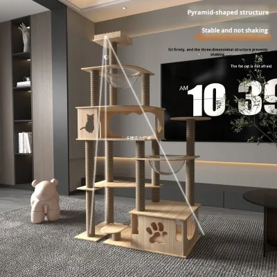 Multi-layer Wooden Cat Tree with House Space-saving All-Season Design Cute Style