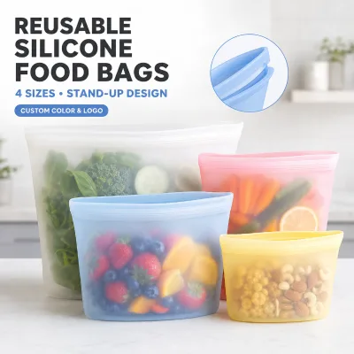 OEM ODM Reusable Silicone Food Storage Bags Multi Size Stand up Pouches Custom Color Logo for Kitchen Meal Prep Snacks