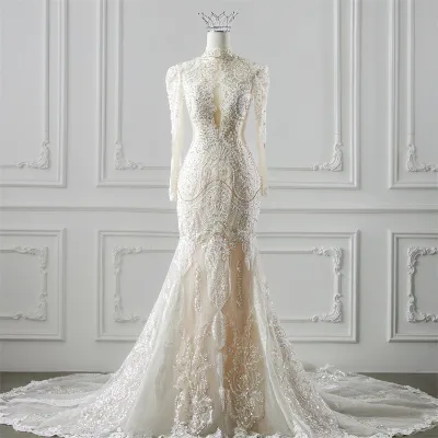 Ophelisa Luxury Mermaid Wedding Dress High Neck Long Sleeve with Embroidery Flowers Crystal Illusion Back and Court Train