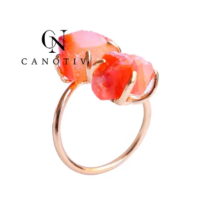 High Quality Original Stone Red Agate Rings Inlay Four Claws Double Natural Stone Open Rings Adjustable Size