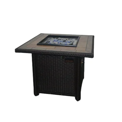 Manufacturer Cheap Flame Outdoor Patio Garden Propane Nature Gas Stone Fire Pit Table PE Wicker Furniture