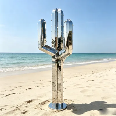 Mirror Polished Stainless Steel Cactus Sculpture Modern Outdoor Metal Art Decor for Garden & Beach Landscape