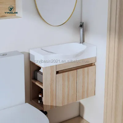 Narrow Bathroom Cabinet Slim PVC Vanity with Moveable Open Shelf Modern Wall Hung Sink