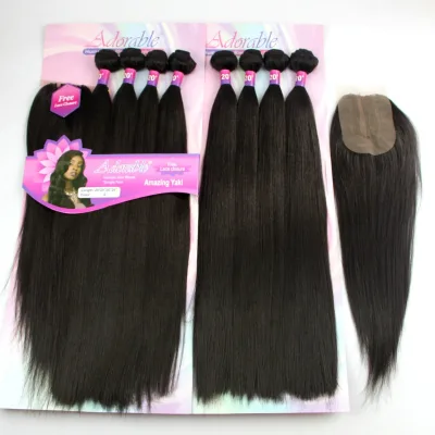 Amazing Yaki Straight Best Organic Synthetic Fiber Hair Weave Bundles Hair With Middle Part Lace Closure