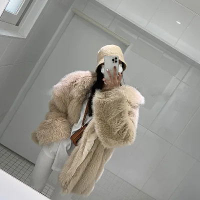 Good Quality Winter Thick Warm Long Brown fox Fur Coat Faux Mink With fox Fur Coat Long Brown fox Fur Coat