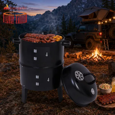 Portable Camping BBQ Smoker Charcoal Grill Multifunctional Outdoor Barbecue with Thermometer for Camping Backyard Party