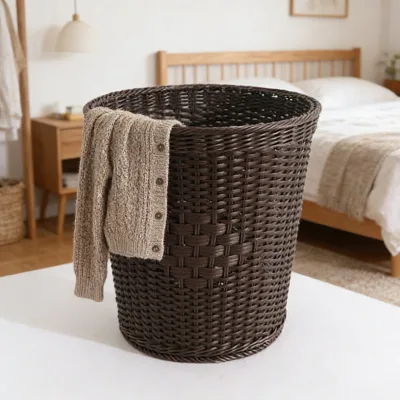 Metal Frame Faux Rattan Reusable Waterproof Large Capacity Modern Laundry Basket for Hotel Home Storage OEM