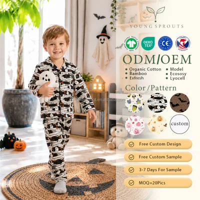 Young Sprouts Kids Boys Organic Cotton Long Sleeve Button Front Pyjama Set Ghost Skeleton Print Soft Comfortable All Season Home