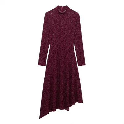 New Fashion Lace Decorated Midi Dress Retro Stand Collar Casual Women's Long Sleeve Dress