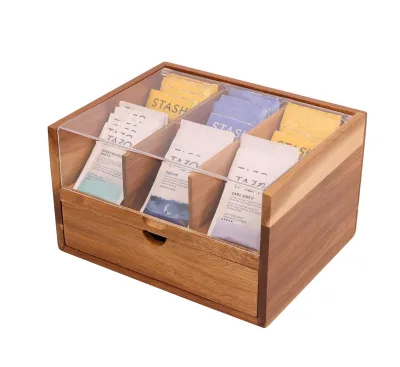2 Tier Tea Bag Organizer Wooden Tea Bag Holder with Acrylic Transparent Hinged Lid