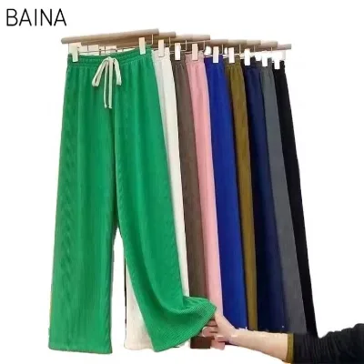 Wholesale Drawstring Loose Long Rib Knitted Trousers Women Summer High Stretch Waist Wide Leg Pants