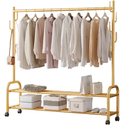 Golden Metal Rolling Garment Rack Storage Clothes Rail With Side Bag Hooks for Bedroom Apartment Clothing